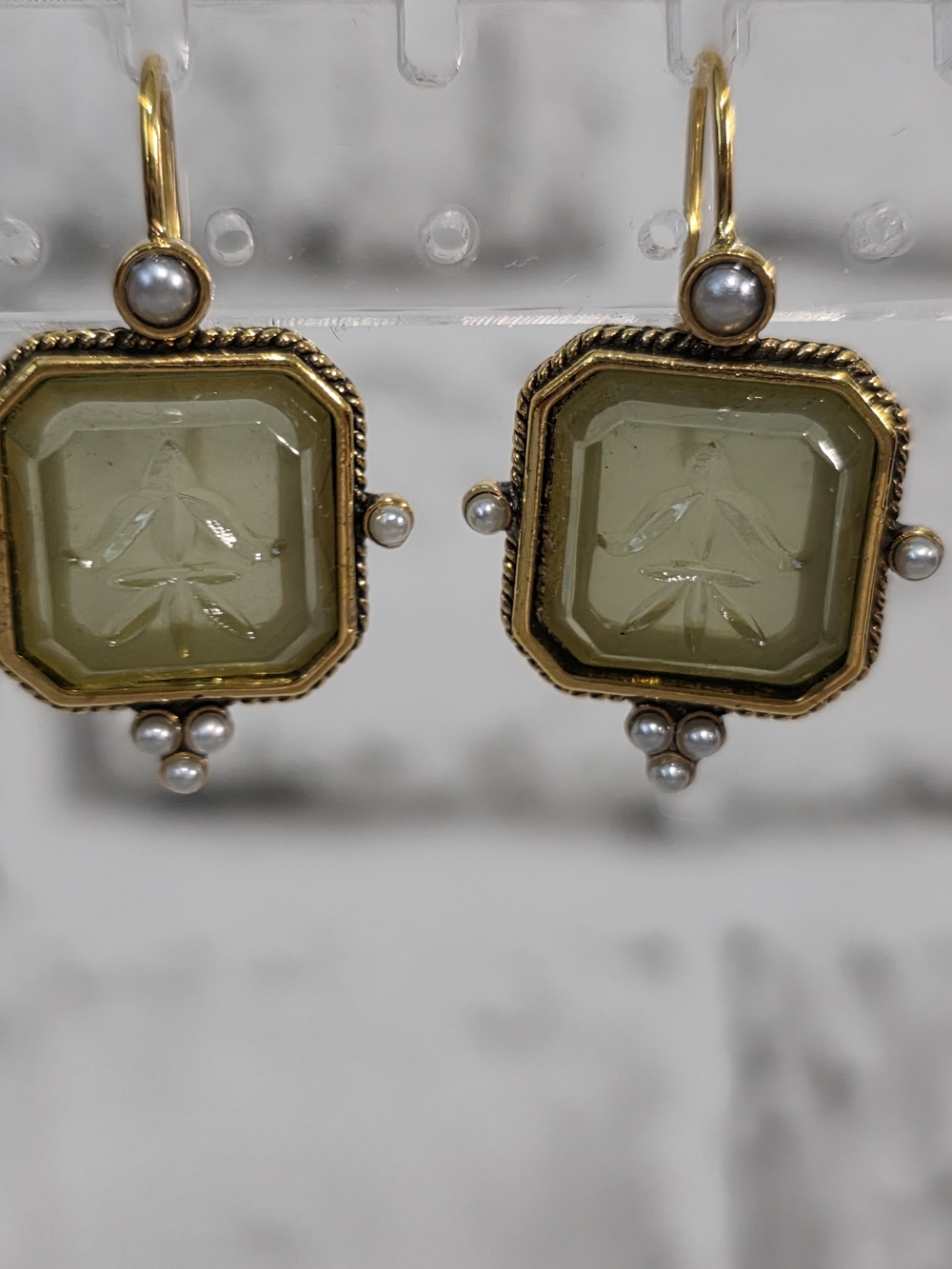 Gold-Tone Olive Green Glass and Pearl Drop Earrings